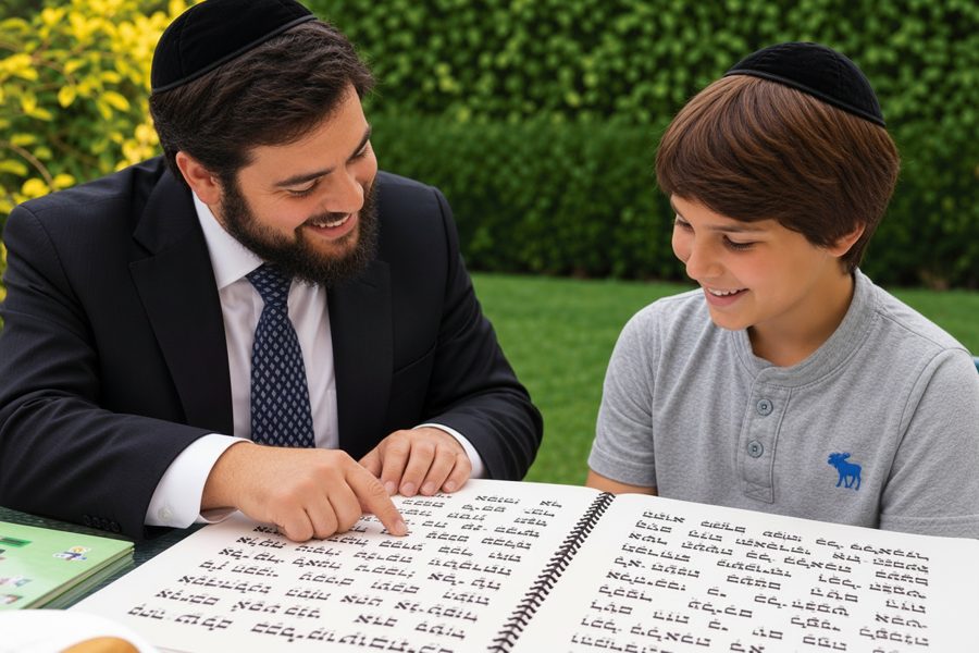 A smiling teacher in a suit and kippah points to a line in a large print Hebrew book as a boy beside him, also in a kippah, follows along and smiles, at a table in a garden.