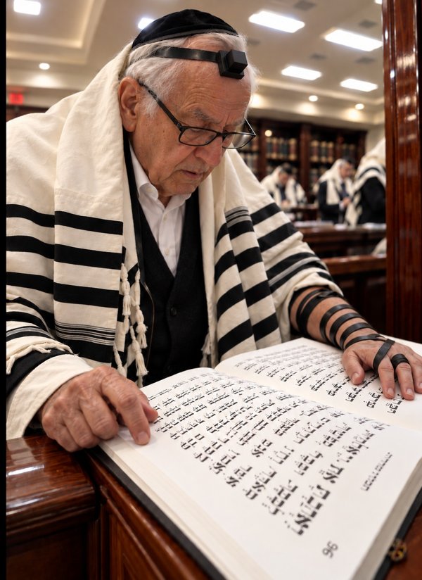 An older man wrapped in a tallis and wearing tefillin leans over a large open book on a shtender, his finger following the raised lines, with other men praying in the shul behind him.