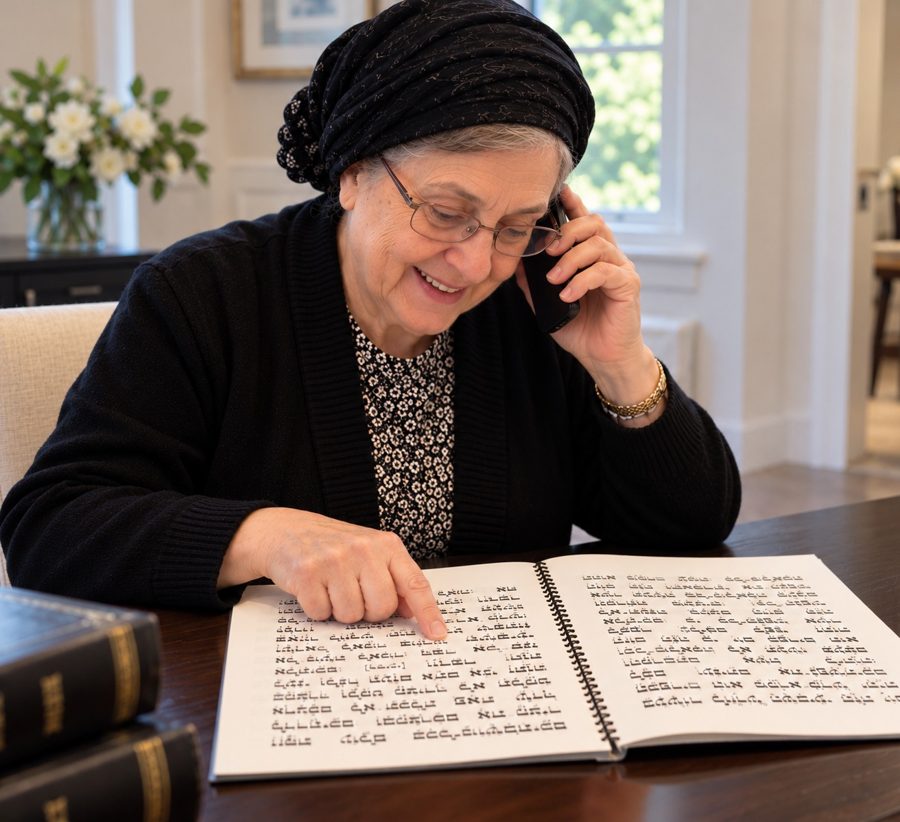 A smiling older woman in a headscarf and glasses talks on the phone while following a line of a large print Hebrew book with her finger, at a table in a bright room with a window and white flowers behind her.